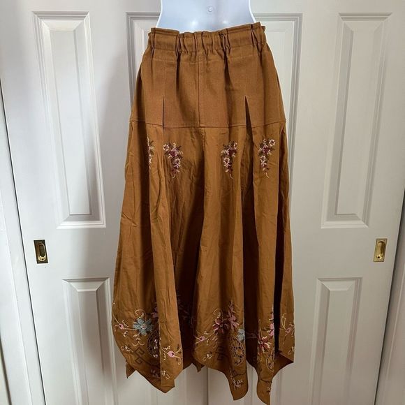 Free People Arielle Maxi Skirt Brown Handkerchief Hem Embroidered